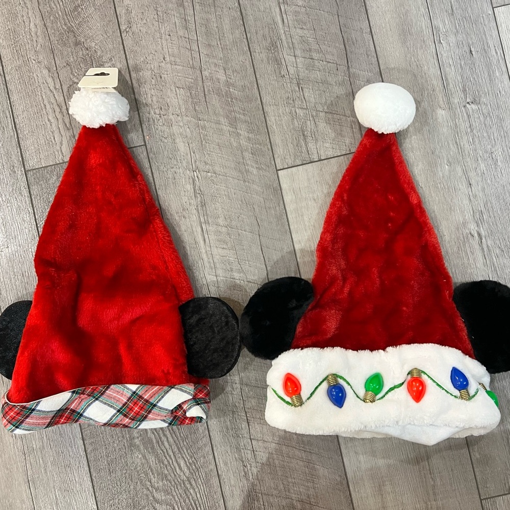 Disney Parks Mickey Festive Red Santa Hats with Ears and Christmas Lights